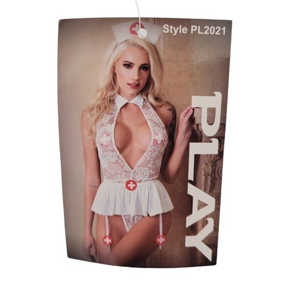 Love Hurts‎ L/XL Nurse Costume Set Hat Teddy Garter Skirt & Panty White Lingerie - Picture 7 of 13